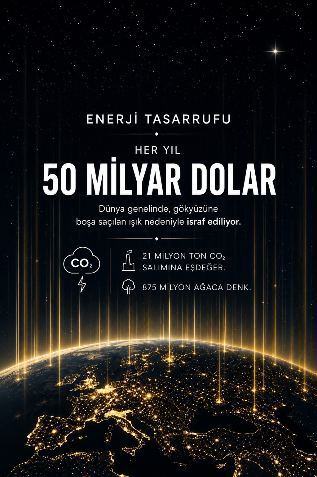 Işık kirliliğinde yılda 50 milyar dolar israf, 21 milyon ton CO2 salınımına eşdeğer