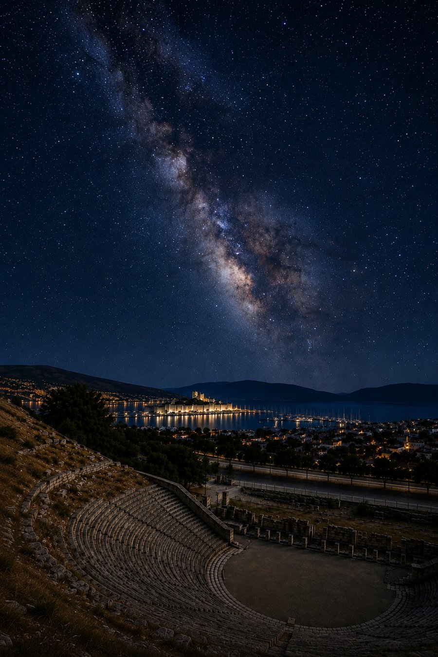 Doğal yıldızlı gökyüzü altında Bodrum