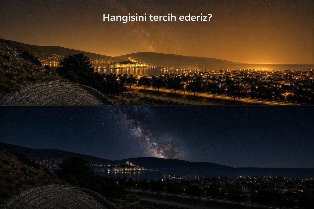 Bodrum'da doğal gökyüzü ve artan ışık kirliliği karşılaştırması